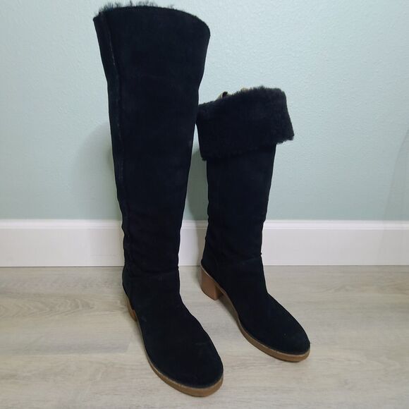 UGG Australia Kasen Boots Tall Black Suede Heeled Sheepskin Lined Womens SZ 9.5 - Picture 2 of 10